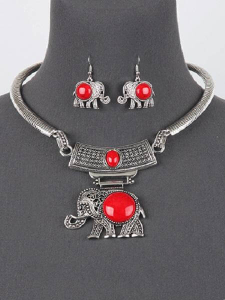 Elephant Statement Necklace Set and Bracelet with Red center stone -Greek_Paraphernalia - M3 Greek