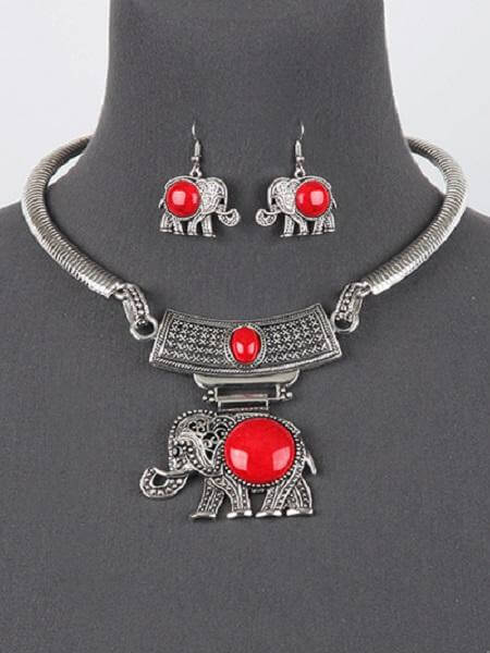 Elephant Statement Necklace Set and Bracelet with Red center stone -Greek_Paraphernalia - M3 Greek