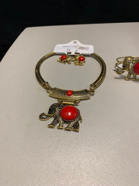 Elephant Statement Necklace Set or Bracelet with Red center stone
