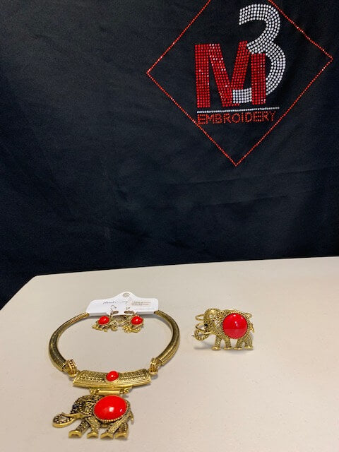 Elephant Statement Necklace Set or Bracelet with Red center stone