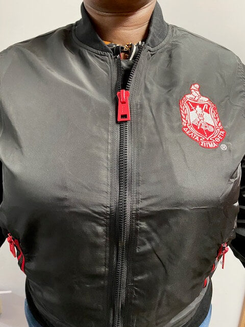 Satin Bomber Jacket with Greek Letter lining- Delta Sigma Theta®️ -Greek_Paraphernalia - M3 Greek